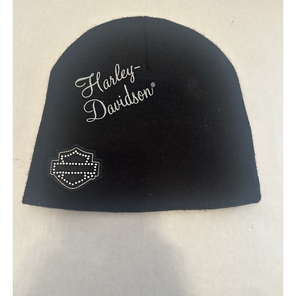 Harley Davidson Winter Skull Hat Women's Black White Trim Rhinestones Wisconsin
